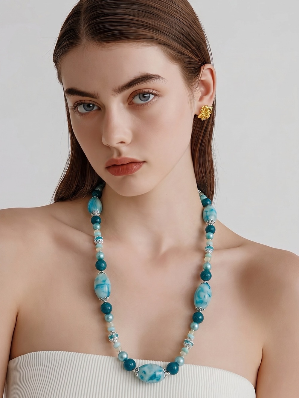 Artisan Murano Style Glass Larimar Apatite Opal Pearl Necklace 22” Ocean Blue - Picture 16 of 17